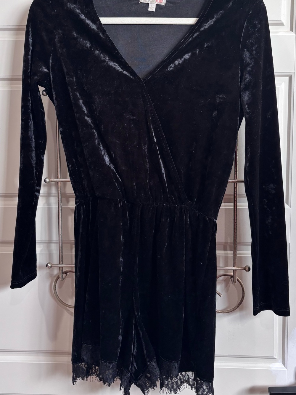 Gianni Bini Black Velvet Long-Sleeve Romper with Lace Trim